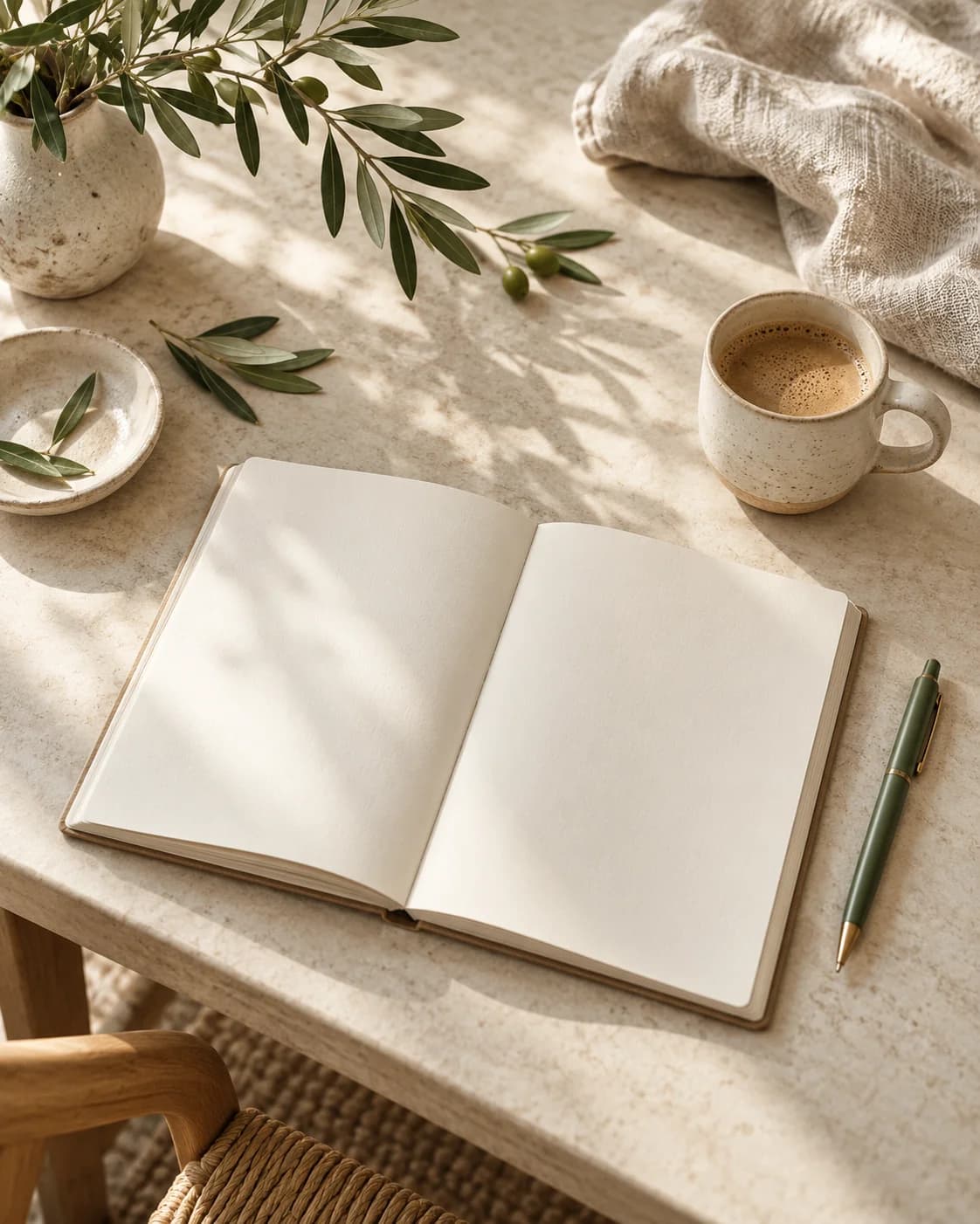 A quiet morning workspace with an open notebook, a ceramic cup, soft linen and an olive branch